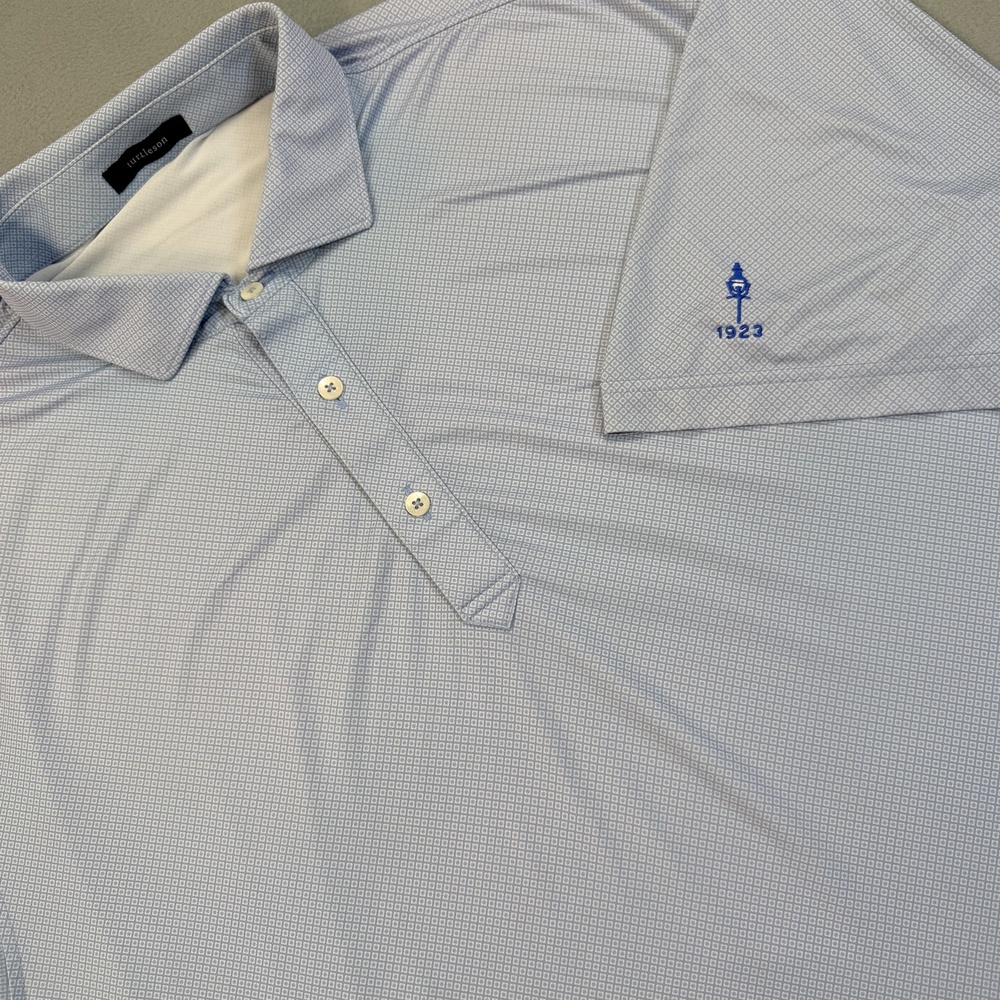 Turtleson Polo Shirt Mens XL Blue Geometric Golf Stretch Meridian Hills Logo